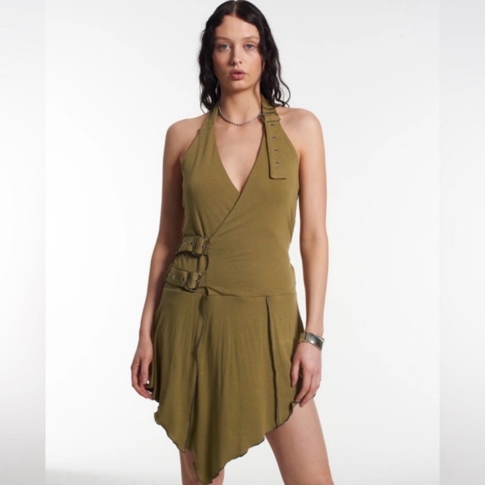 NWT THE‎ RAGGED PRIEST | Green Stranded Single Jersey Knit Buckles Dress Sz. 6